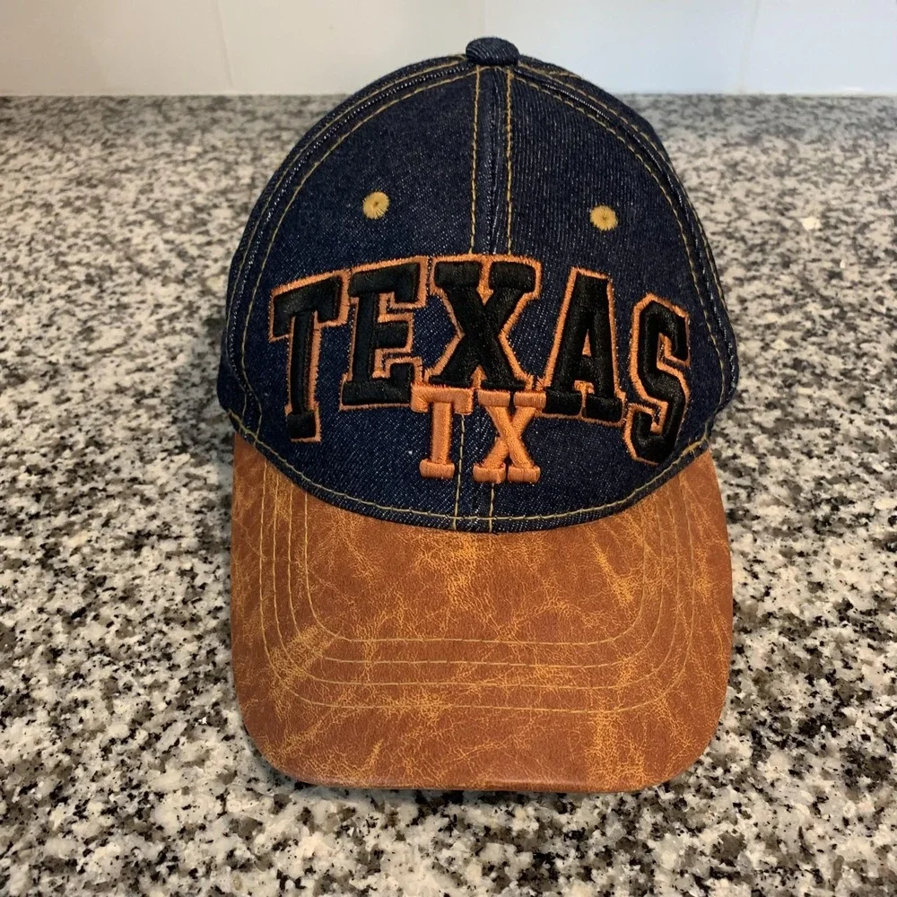 VTG Texas Denim Hat Cap Strap Back One Size Blue Brown USA Headwear Mens Western
